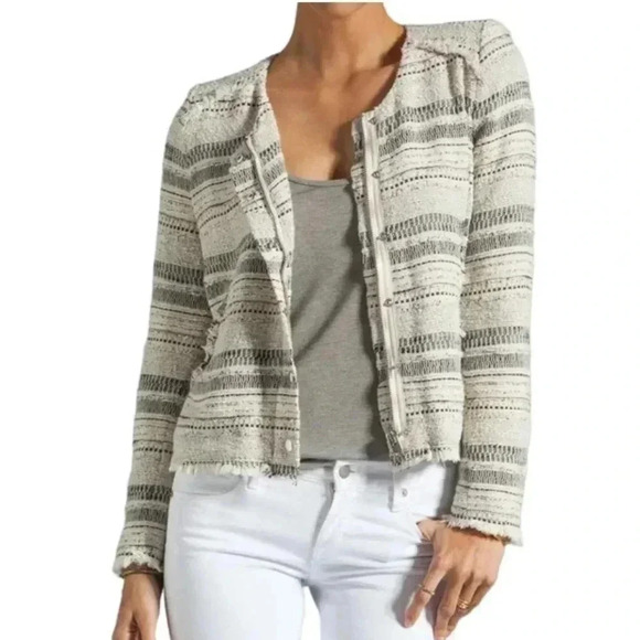 Iro XS Lizzie Tweed Boucle Distressed Black and Cream Zip Up Blazer Jacket